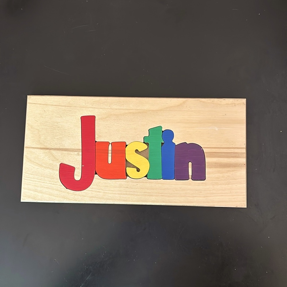 Custom Name Justin Wooden Rainbow Name toddler learning Puzzle ~ EUC